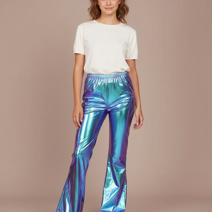 Pantalon Patte D'Éléphant Métallique Brillant Holographique Bleu Vert Fluide - Multicolore Polyester