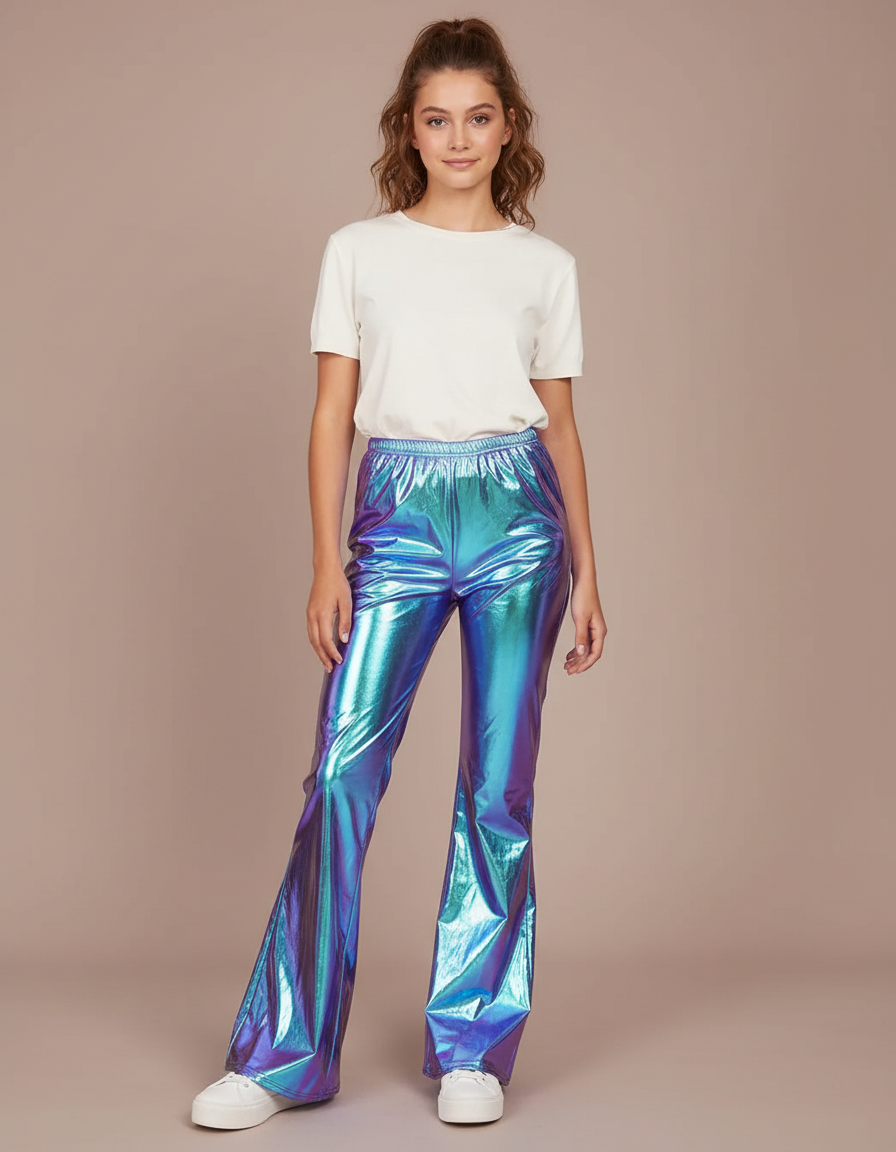 Pantalon Patte D'Éléphant Métallique Brillant Holographique Bleu Vert Fluide - Multicolore Polyester