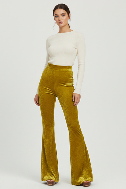Pantalon Patte D'Éléphant Velours Jaune Moutarde Taille Haute