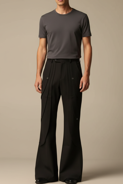 Pantalon Patte D'Éléphant Noir Plissé Évasé Décontracté Homme - Gabardine