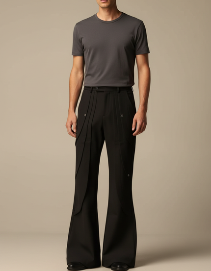 Pantalon Patte D'Éléphant Noir Plissé Évasé Décontracté Homme - Gabardine