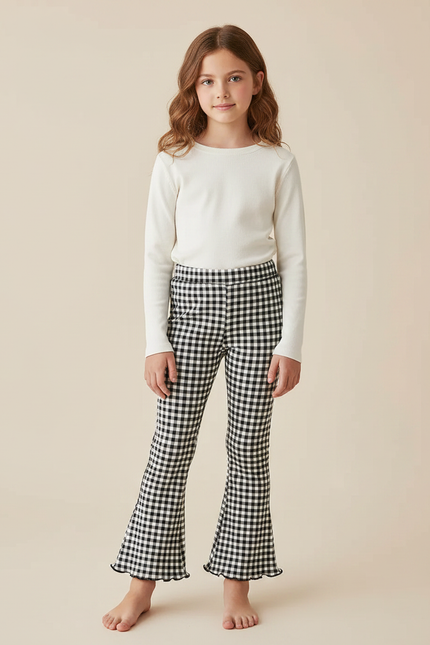 Pantalon Patte D'Éléphant Noir Blanc Vichy Évasé Fille - Imprimé Maille