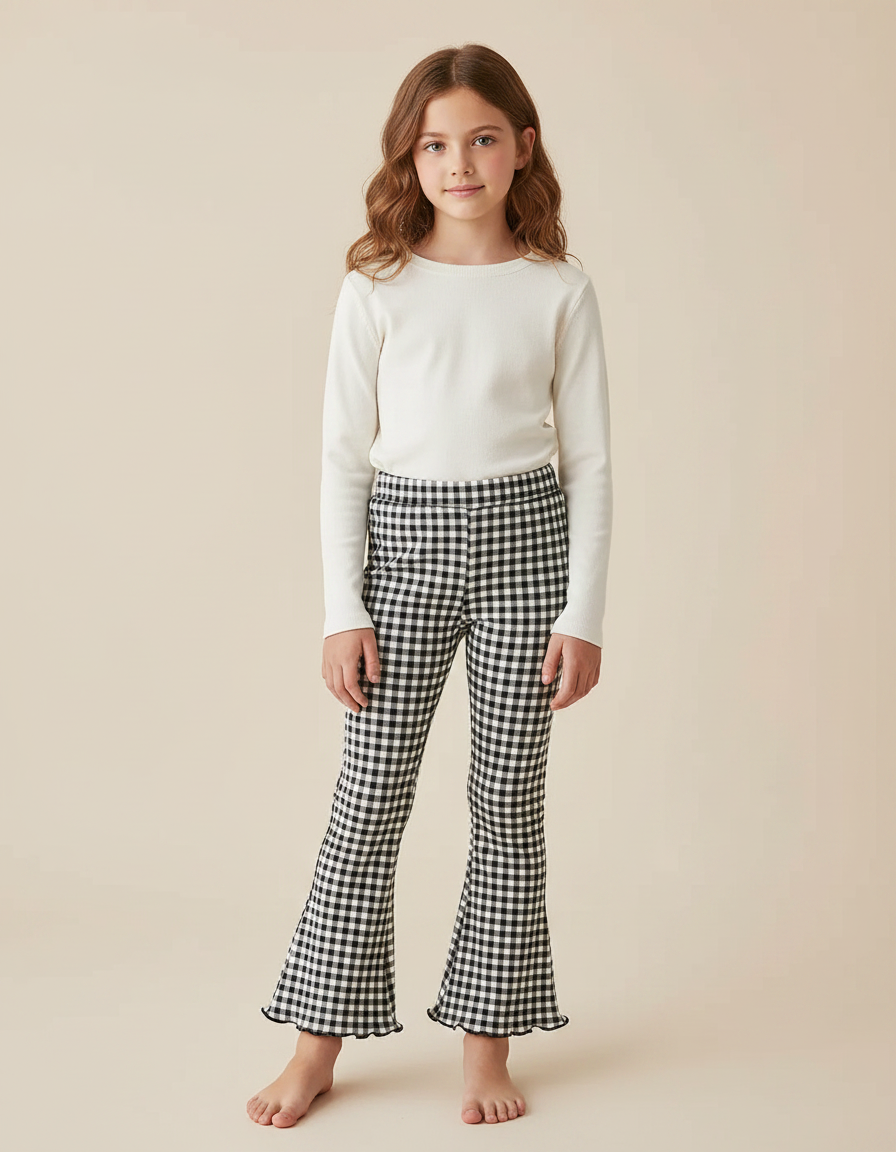 Pantalon Patte D'Éléphant Noir Blanc Vichy Évasé Fille - Imprimé Maille