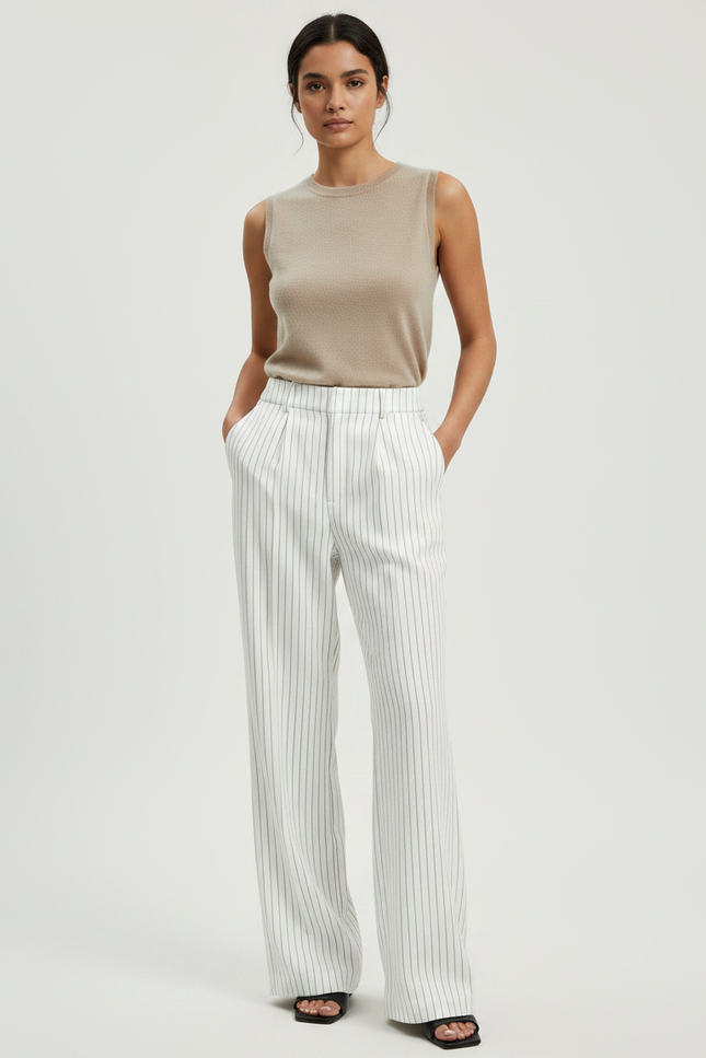 Pantalon Patte D'Éléphant Blanc Rayé Taille Haute Fluide - Viscose