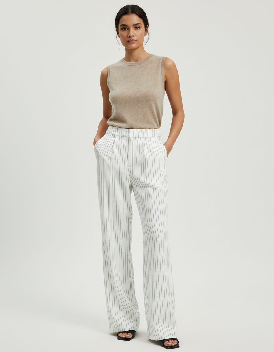 Pantalon Patte D'Éléphant Blanc Rayé Taille Haute Fluide - Viscose
