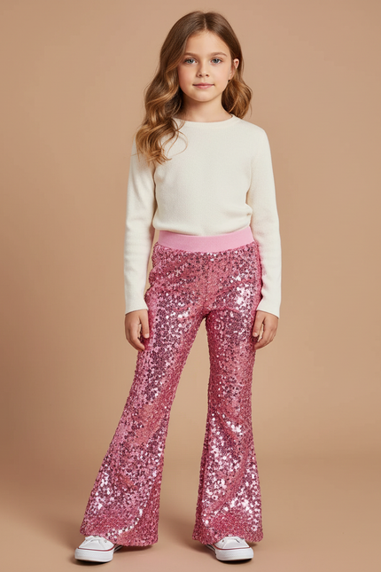 Pantalon Patte D'Éléphant Rose Pailleté Évasé Fille - Polyester