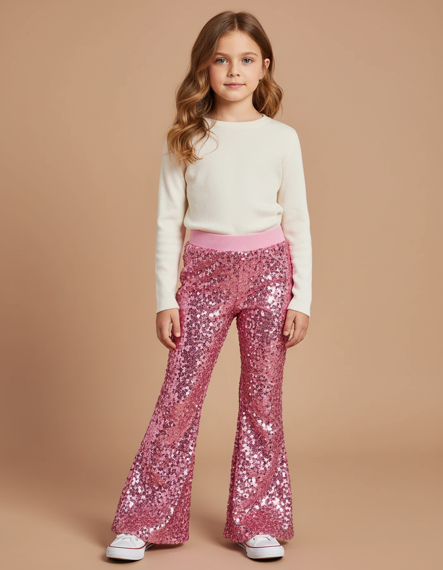 Pantalon Patte D'Éléphant Rose Pailleté Évasé Fille - Polyester