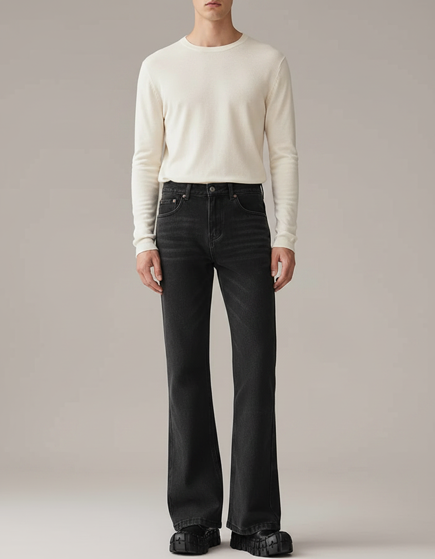 Pantalon Patte D'Éléphant Noir Décontracté Jean Homme Évasé