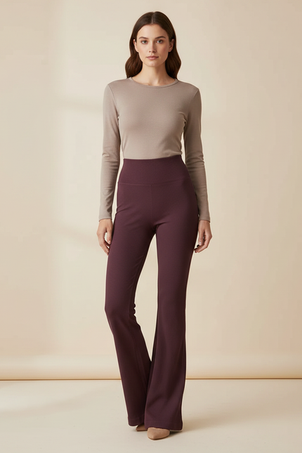 Pantalon Patte D'Éléphant Côtelé Bordeaux Taille Haute Évasé - Maille