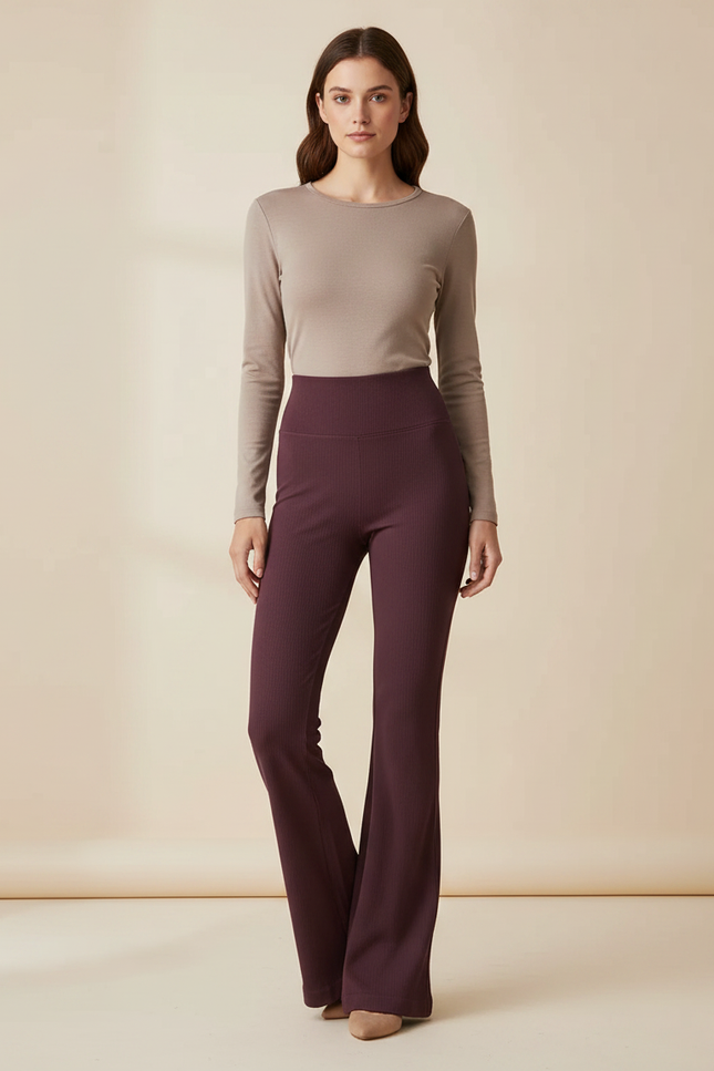 Pantalon Patte D'Éléphant Côtelé Bordeaux Taille Haute Évasé - Maille