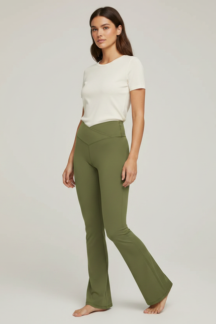 Pantalon Patte D'Éléphant Vert Kaki Taille Haute Évasé Yoga - Polyester