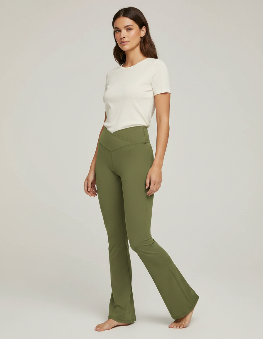 Pantalon Patte D'Éléphant Vert Kaki Taille Haute Évasé Yoga - Polyester