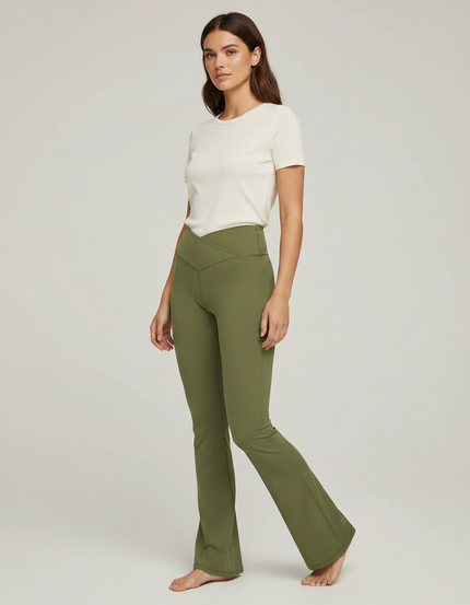 Pantalon Patte D'Éléphant Vert Kaki Taille Haute Évasé Yoga - Polyester
