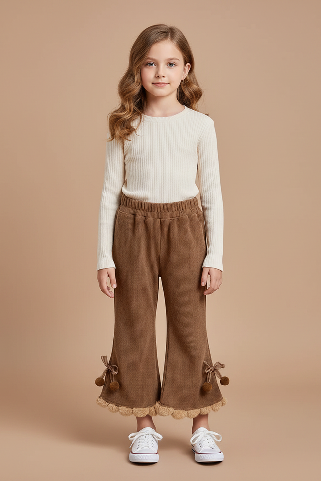 Pantalon Patte D'Éléphant Marron Côtelé Pompons Fille Confortable - Cordé