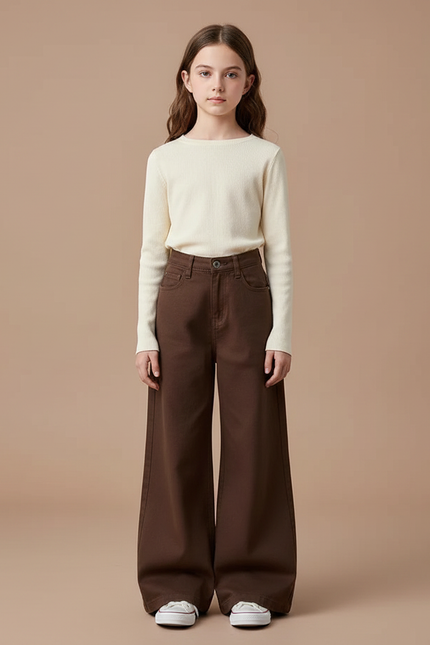Pantalon Patte D'Éléphant Marron Ample Décontracté Fille - Jean