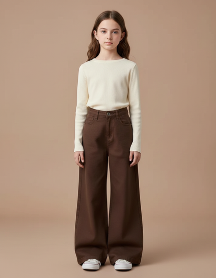 Pantalon Patte D'Éléphant Marron Ample Décontracté Fille - Jean