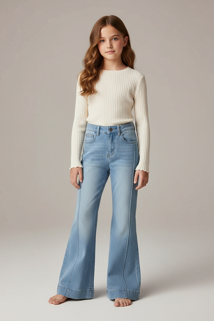 Pantalon Patte D'Éléphant Bleu Clair Denim Évasé Taille Haute - Jean