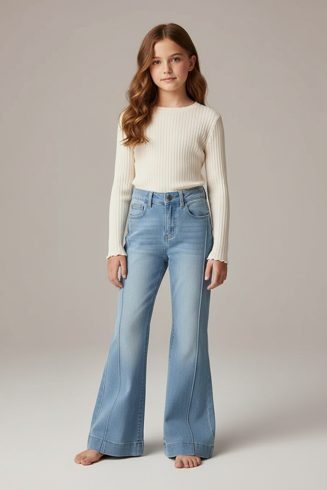 Pantalon Patte D'Éléphant Bleu Clair Denim Évasé Taille Haute - Jean