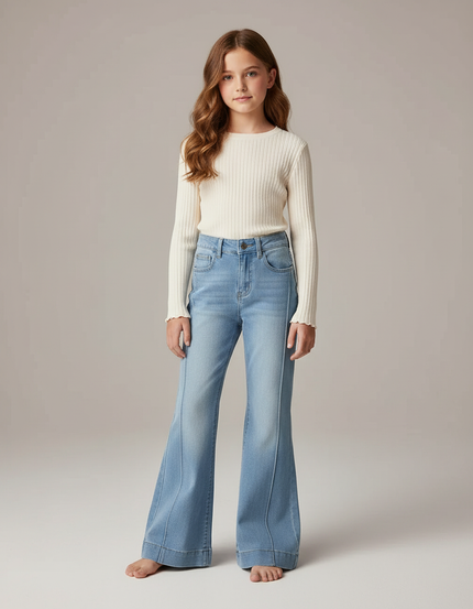 Pantalon Patte D'Éléphant Bleu Clair Denim Évasé Taille Haute - Jean