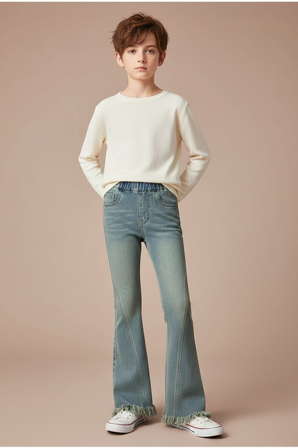 Pantalon Patte D'Éléphant Jean Denim Clair Frangé Évasé - Bleu