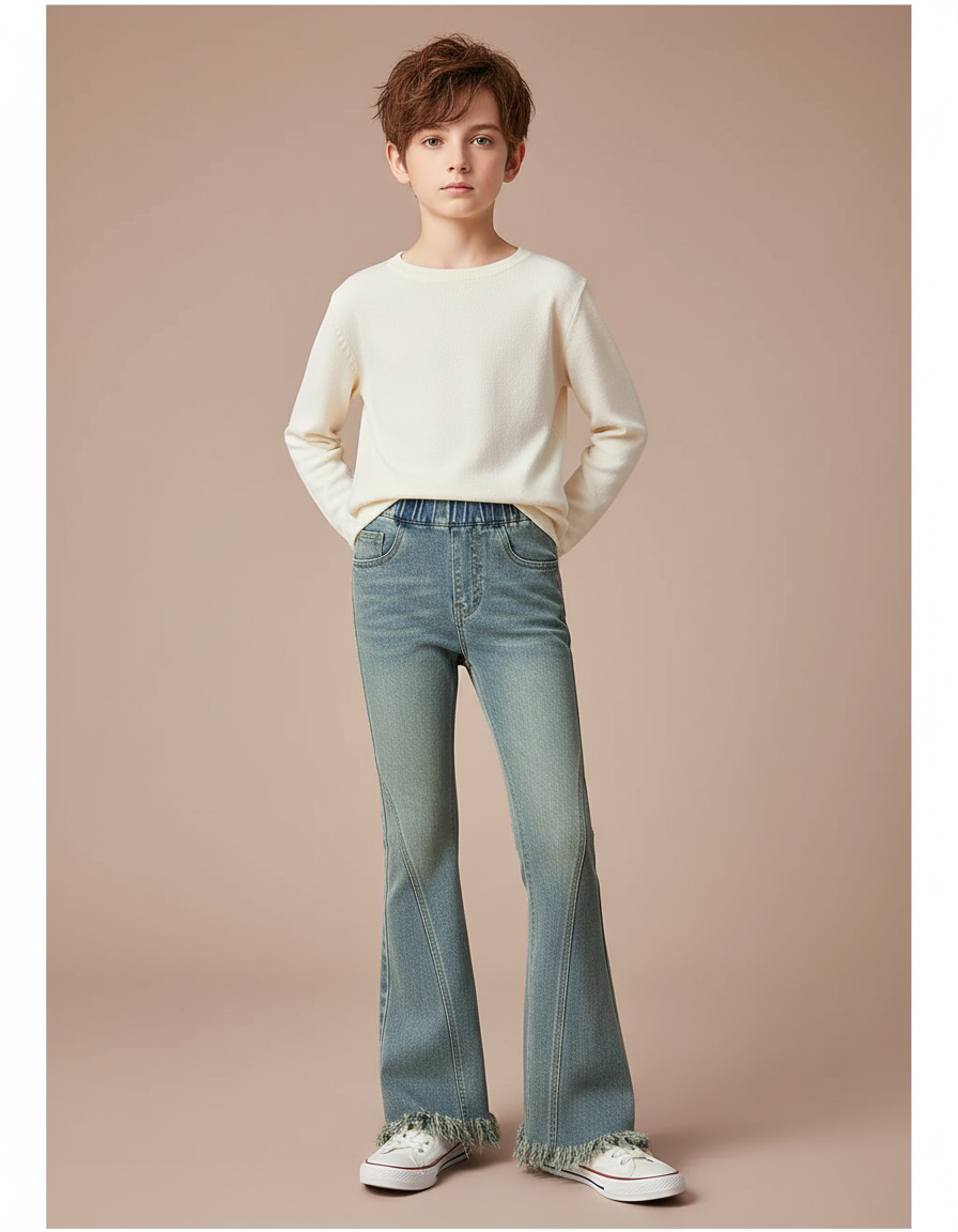 Pantalon Patte D'Éléphant Jean Denim Clair Frangé Évasé - Bleu
