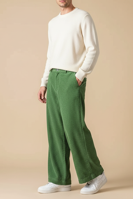 Pantalon Patte D'Éléphant Vert Côtelé Ample Décontracté Homme - Cordé