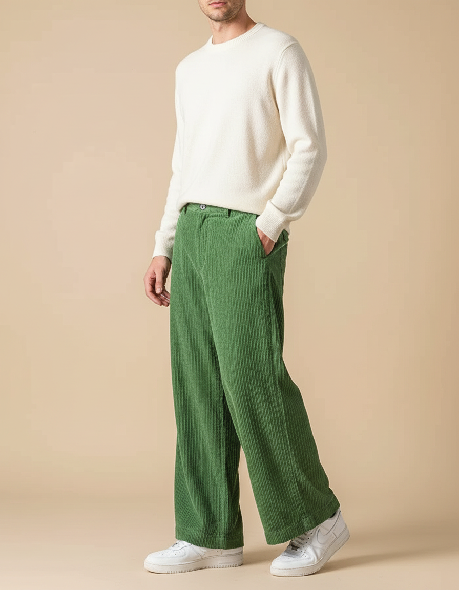Pantalon Patte D'Éléphant Vert Côtelé Ample Décontracté Homme - Cordé
