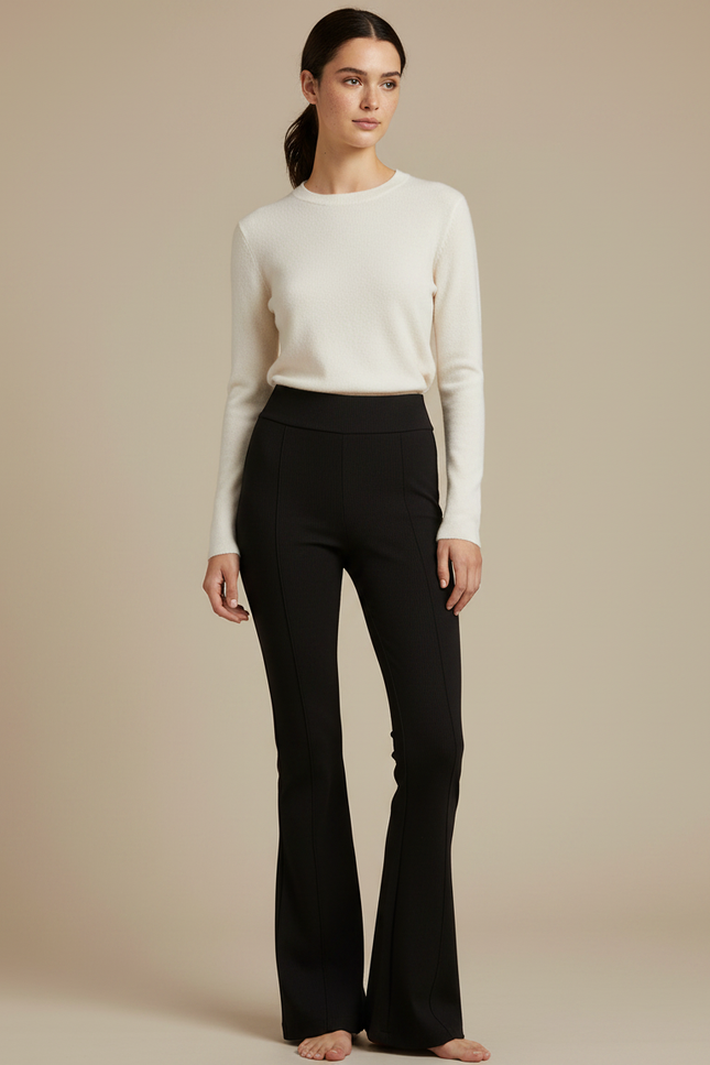 Pantalon Patte D'Éléphant Noir Taille Haute Évasé Confortable Femme - Maille