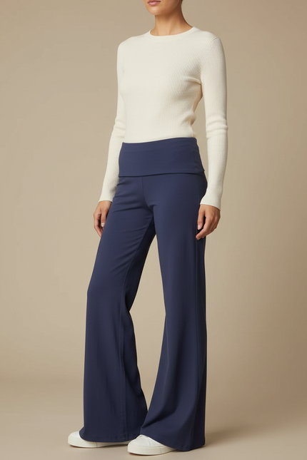 Pantalon Patte D'Éléphant Bleu Marine Taille Basse Fluide Confortable - Maille