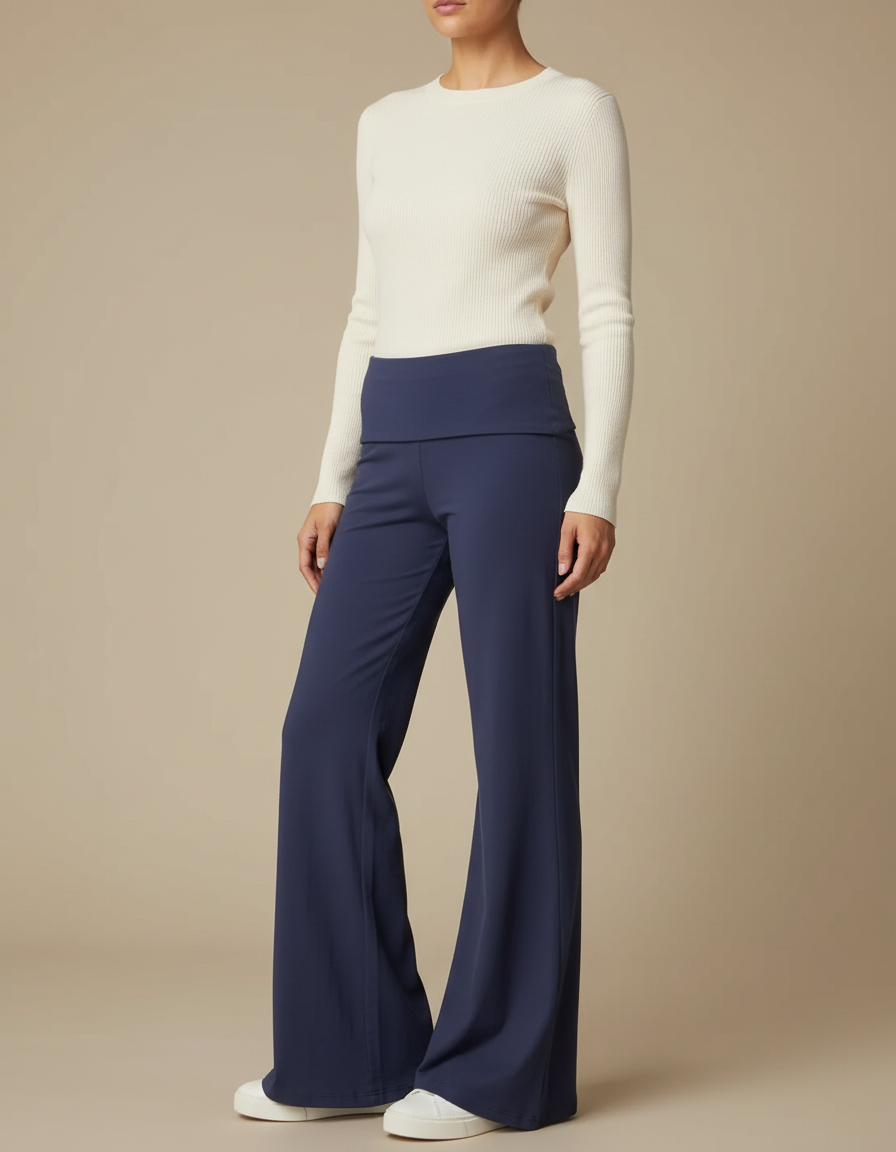 Pantalon Patte D'Éléphant Bleu Marine Taille Basse Fluide Confortable - Maille
