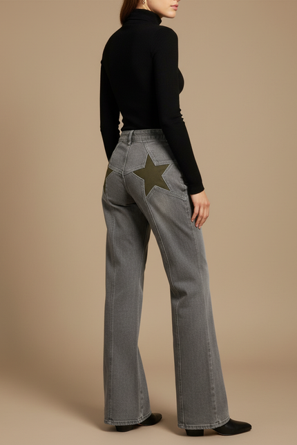 Pantalon Patte D'Éléphant Jean Gris Étoile Vert Ample