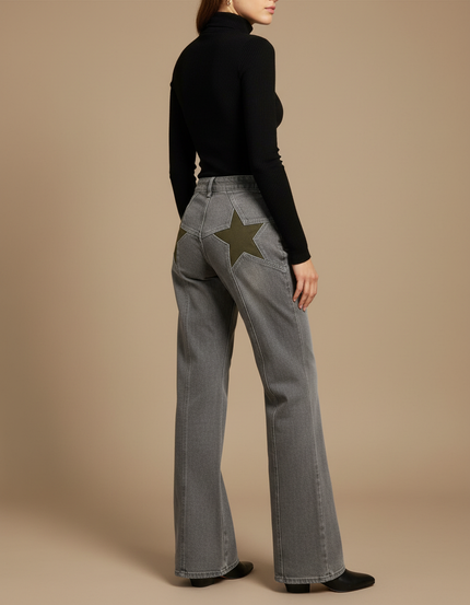 Pantalon Patte D'Éléphant Jean Gris Étoile Vert Ample