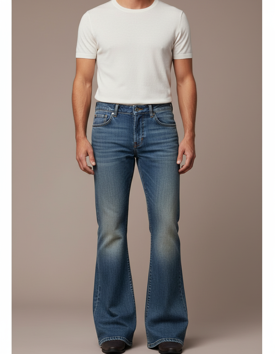 Pantalon Patte D'Éléphant Denim Bleu Vintage Homme Évasé - Jean
