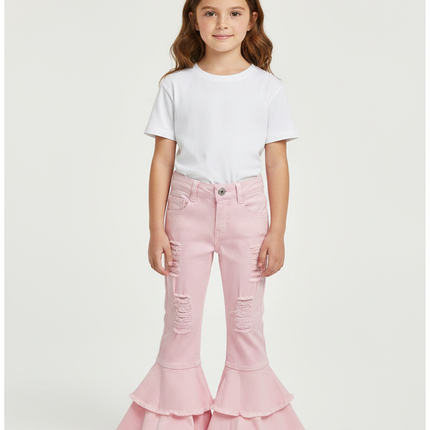 Pantalon Patte D'Éléphant Rose Volants Déchiré Fille Denim - Jean