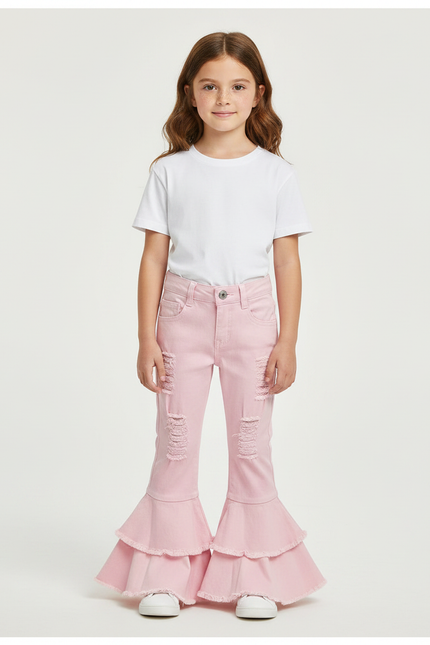 Pantalon Patte D'Éléphant Rose Volants Déchiré Fille Denim - Jean