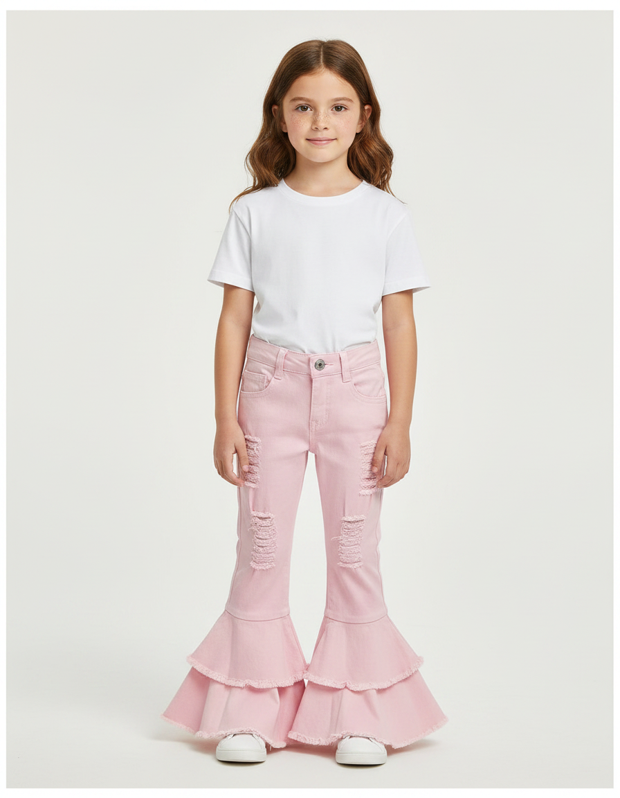 Pantalon Patte D'Éléphant Rose Volants Déchiré Fille Denim - Jean