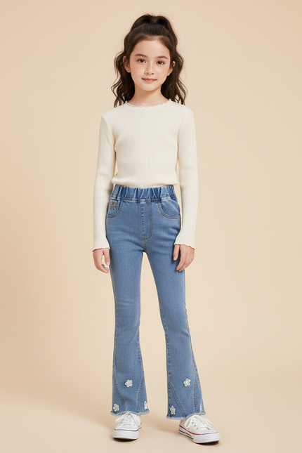 Pantalon Patte D'Éléphant Denim Bleu Fleuri Évasé Fille - Jean