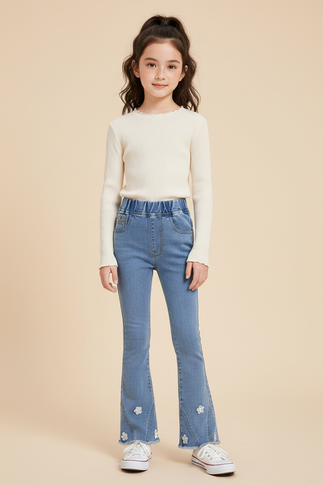 Pantalon Patte D'Éléphant Denim Bleu Fleuri Évasé Fille - Jean