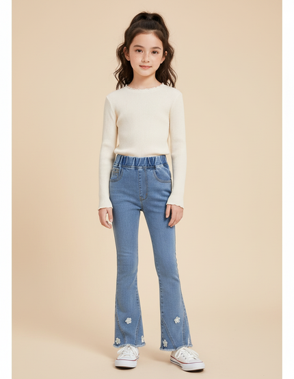 Pantalon Patte D'Éléphant Denim Bleu Fleuri Évasé Fille - Jean