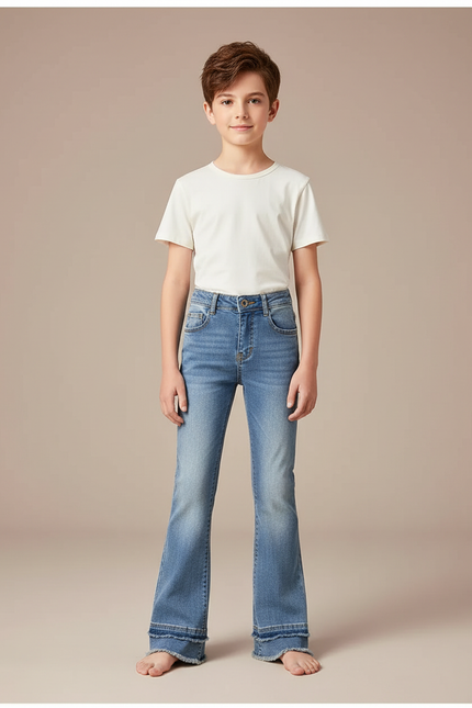 Pantalon Patte D'Éléphant Denim Bleu Frangé Évasé Enfant - Jean
