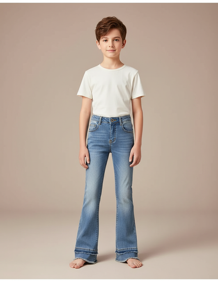 Pantalon Patte D'Éléphant Denim Bleu Frangé Évasé Enfant - Jean