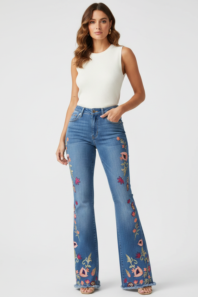 Pantalon Patte D'Éléphant Jean Brodé Floral Frangé Évasé - Bleu
