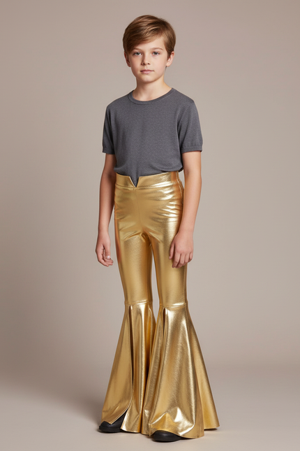 Pantalon Patte D'Éléphant Doré Brillant Évasé Enfant Disco - Simili cuir