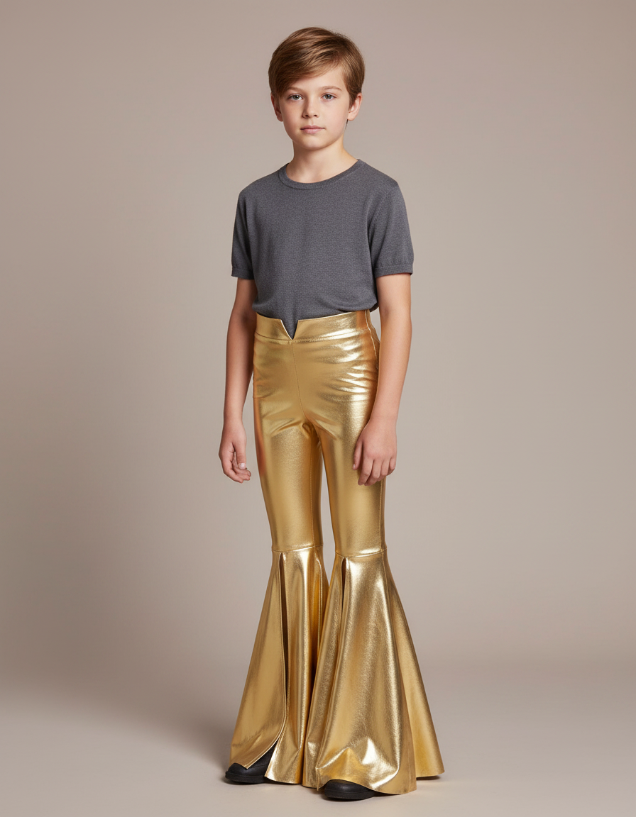 Pantalon Patte D'Éléphant Doré Brillant Évasé Enfant Disco - Simili cuir