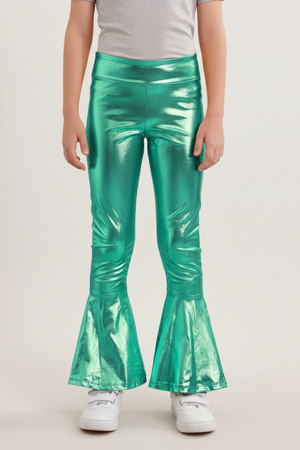 Pantalon Patte D'Éléphant Vert Métallisé Brillant Évasé Enfant - Polyester