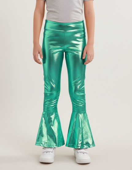 Pantalon Patte D'Éléphant Vert Métallisé Brillant Évasé Enfant - Polyester