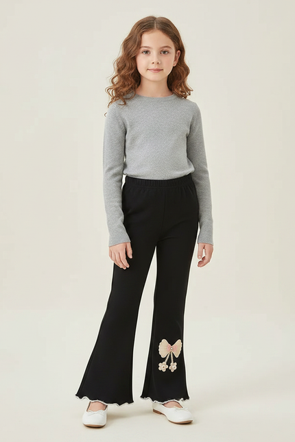 Pantalon Patte D'Éléphant Noir Évasé Nœud Brodé Fille - Maille