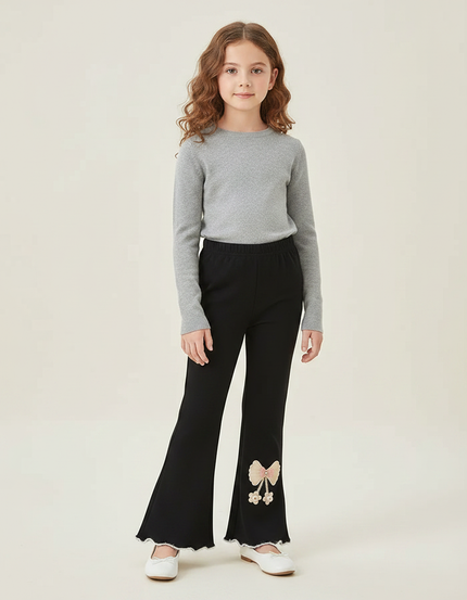 Pantalon Patte D'Éléphant Noir Évasé Nœud Brodé Fille - Maille