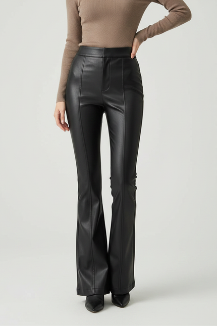 Pantalon Patte D'Éléphant Noir Simili Cuir Taille Haute Élégant