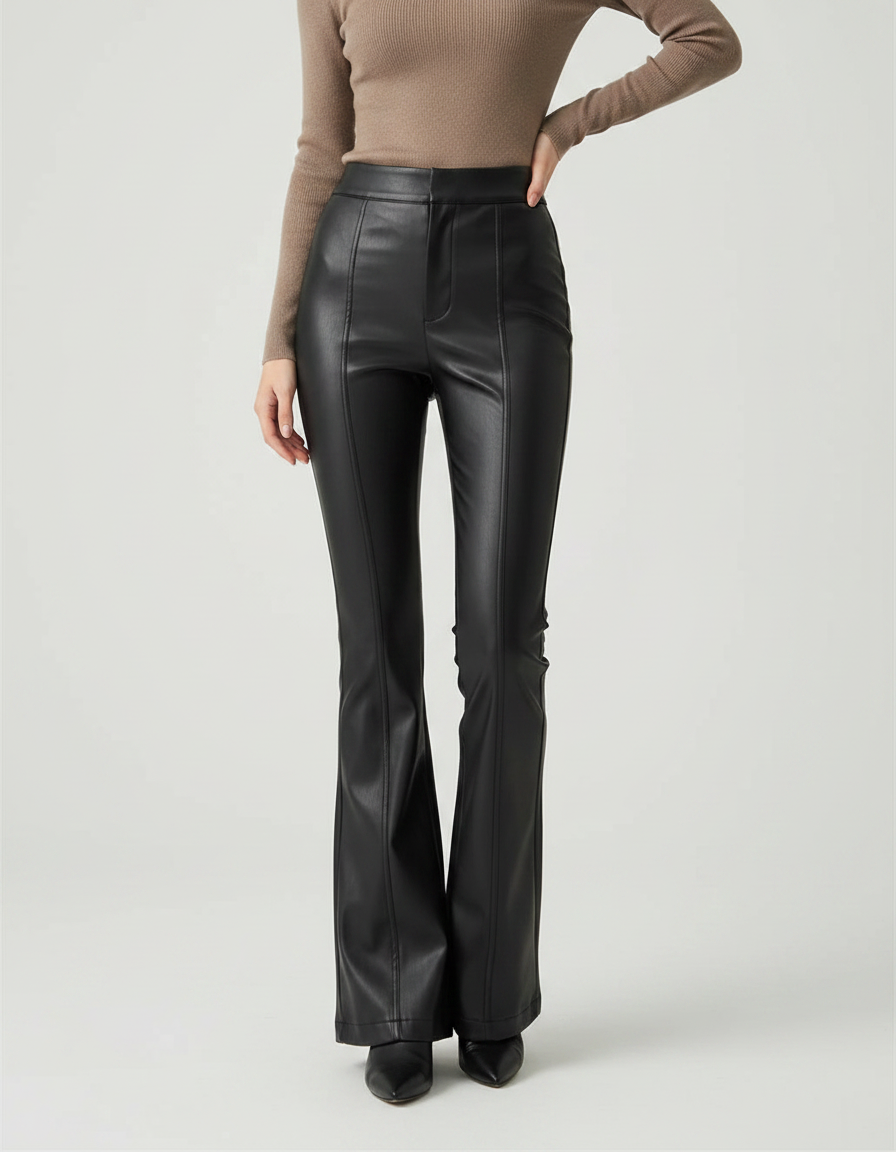 Pantalon Patte D'Éléphant Noir Simili Cuir Taille Haute Élégant